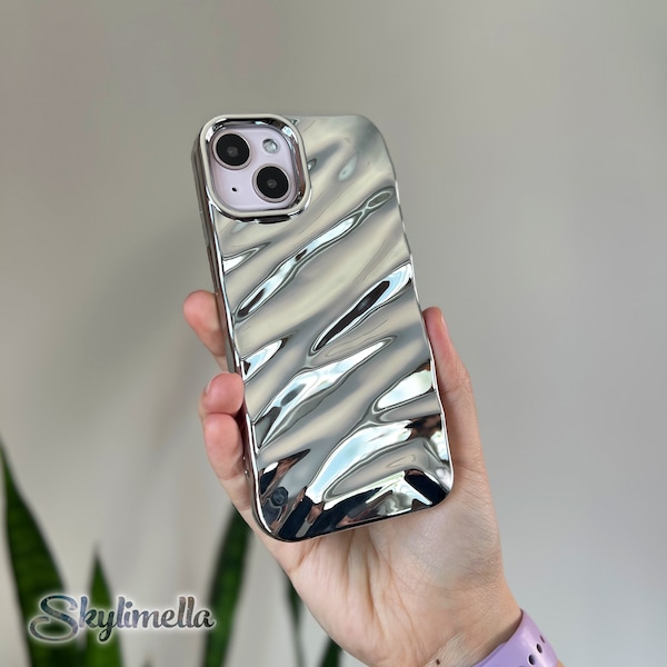 Luxury Silver Electroplated 3D Silk Wavy Pattern Shockproof iPhone Case for iPhone 15 Pro Max 14 13 12 11 Plus Case