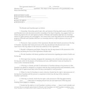 May include: A legal document titled "Guardian Home Contract" outlines the terms of an agreement between a breeder and a guardian for the care of a dog. The document includes details about ownership, possession, and responsibilities of both parties.