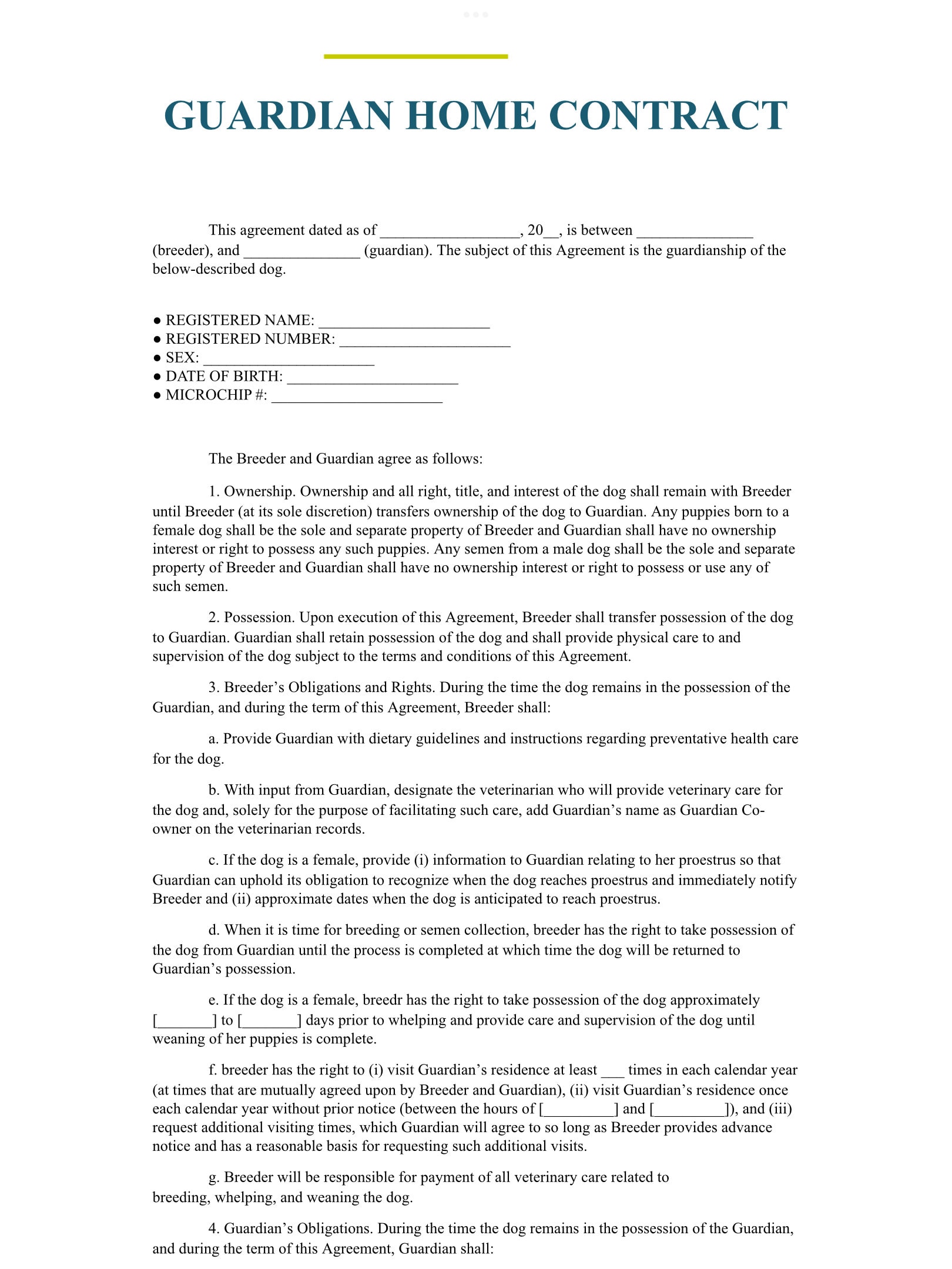 Guardian Home Contract for Breeders, Whelping, Reputable, Guardianship