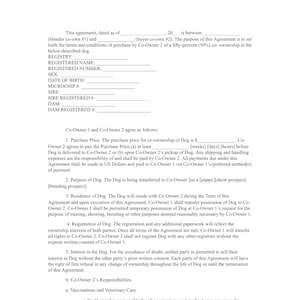 Puede incluir: Un documento legal que describe los términos de un acuerdo de copropiedad para un perro. El documento incluye secciones sobre el precio de compra, la residencia, el registro y las responsabilidades de los copropietarios.