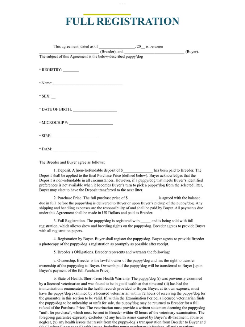 May include: A legal document outlining the terms of a puppy/dog purchase agreement between a breeder and buyer. The document includes details about the deposit, purchase price, registration, and health guarantees.