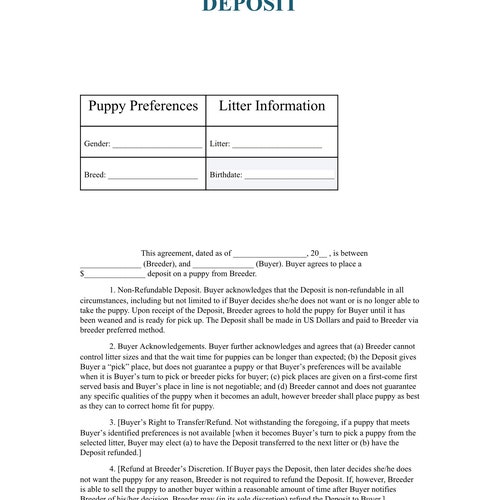 Printable Nonrefundable Pet Deposit for Breeders Editable Etsy Australia