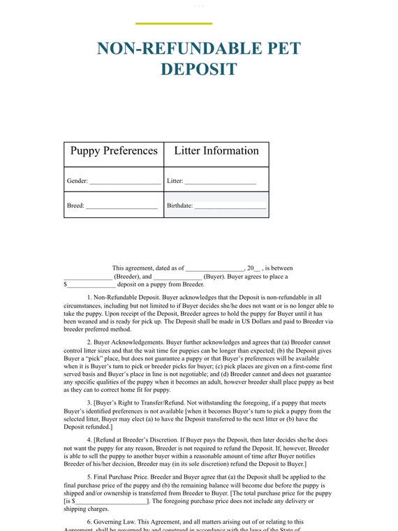 Non-Refundable Pet Deposit Agreement Form | Editable Dog Breeder Contract Supplement | Reservation and Holding Template