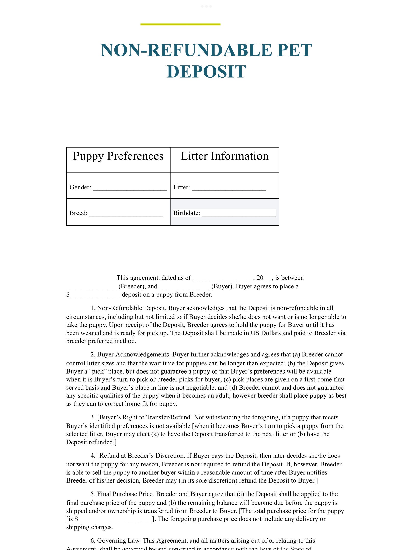Nonrefundable Pet Deposit for Breeders, Whelpers, Litter Owners, Show