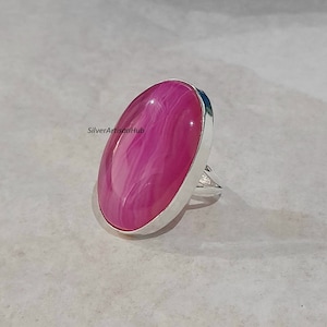 Pink Agate Gemstone Ring, Oval Pink Agate Ring, Sterling Silver Ring, Fuschia Bright Pink Gemstone Jewelry ,Handmade Ring, Engagement Gift.