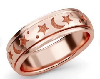 Moon star Rose Gold Spinner Ring, Anxiety Spin Ring, 18k Gold Plated Ring, Moon Star Silver Ring, Fidget Ring, Women Ring, Engagement Gift.