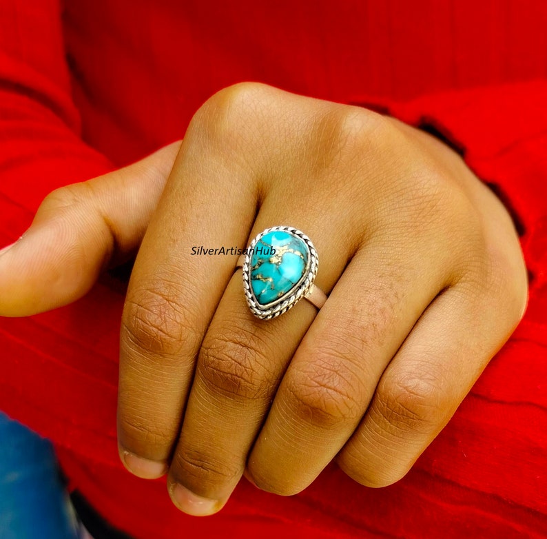 Natural Turquoise shops Ring, Copper Turquoise Ring, 925 Silver Turquoise Ring, Teardrop Turquoise Ring,Wedding Gift, Pear Shaped Turquoise Ring.