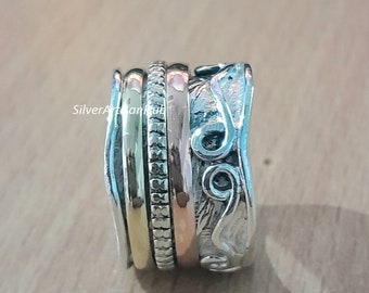 Unique Spinner Ring for Women. Wide Band Made of Sterling Silver with Copper & Brass Spinning Bands. Fidget Ring, Meditation Reduce Stress.