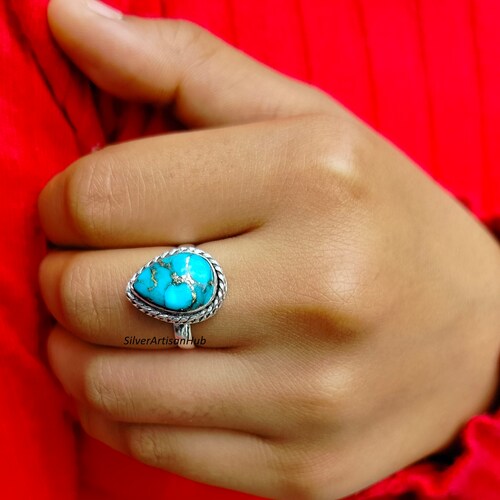 Natural Turquoise shops Ring, Copper Turquoise Ring, 925 Silver Turquoise Ring, Teardrop Turquoise Ring,Wedding Gift, Pear Shaped Turquoise Ring.