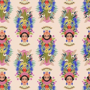 May include: A repeating pattern featuring a stylized portrait of a woman with a floral headdress, surrounded by flowers, skulls, and cacti. The design includes blue, pink, yellow, and green elements on a light peach background. The woman has dark hair and a distinctive unibrow.