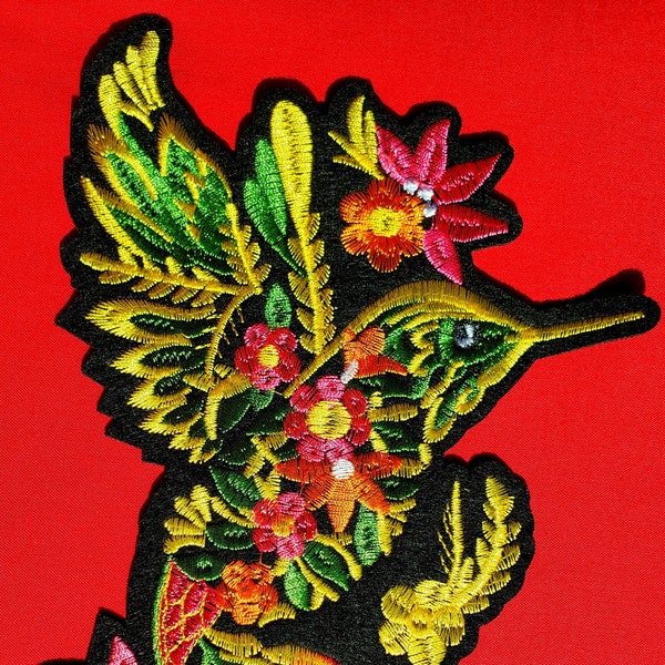 Mexican Embroidered COLIBRI / Hummingbird Design  Embroidered Iron/Sew/Glue-on Applique Patch-Size:10-1/4" x 8"YELLOW Crafting  Sewing