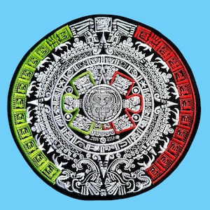 May include: Embroidered patch featuring the Aztec calendar, also known as the Sun Stone, with a black background, white details, and a red, green, and white border.