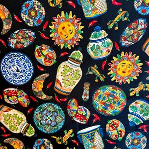 E Studio Fiesta TUCSON - 100% Cotton Fabric -BLACK 265 - By the Yard Sewing- Quilting Crafts Mexican Southwest - DISCONTINUED - Out of Print