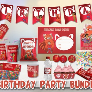 turning red party supplies, turning red birthday decorations, printable banner, pringles chip bag, decor candy label, cake bundle topper kit
