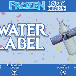 K&ouml;nnte beinhalten: Druckbare Wasserflaschenetikett f&uuml;r eine Frozen-Party mit blauem Hintergrund und einer Szene mit Elsa, Anna und Olaf aus dem Film Frozen. Das Etikett lautet "Happy Birthday".