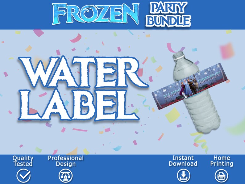 K&ouml;nnte beinhalten: Druckbare Wasserflaschenetikett f&uuml;r eine Frozen-Party mit blauem Hintergrund und einer Szene mit Elsa, Anna und Olaf aus dem Film Frozen. Das Etikett lautet "Happy Birthday".