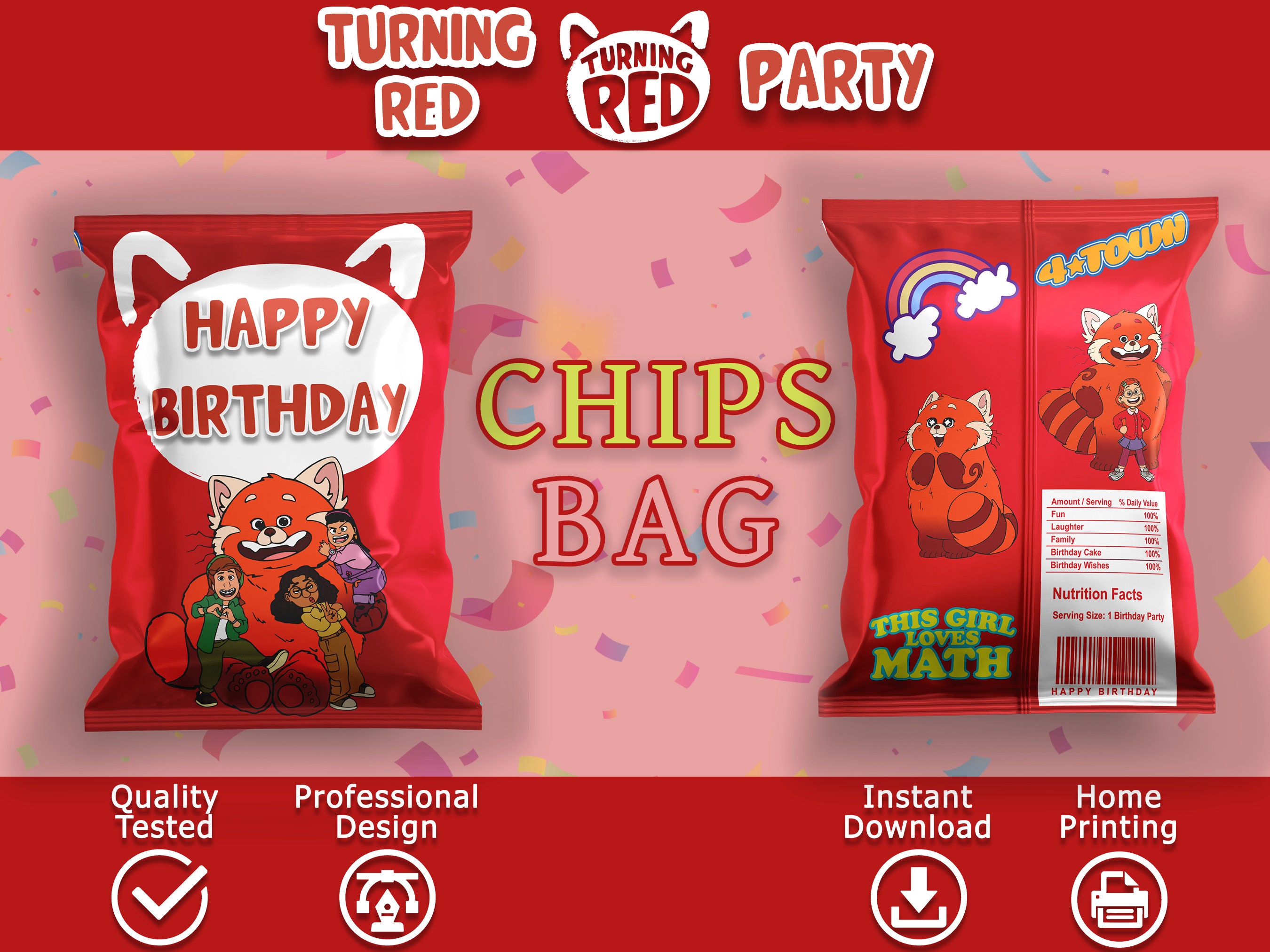Turning Red Chip Bag Label, Turning Red Chips Party, Theme Birthday
