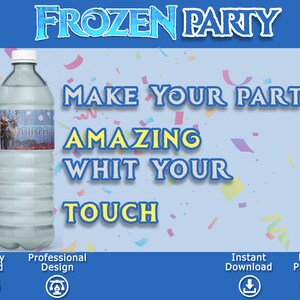 Puede incluir: Etiqueta de botella de agua imprimible para una fiesta de Frozen. La etiqueta presenta un fondo azul con im&aacute;genes de Elsa y Olaf de la pel&iacute;cula Frozen. El texto en la etiqueta dice "Cumplea&ntilde;os".