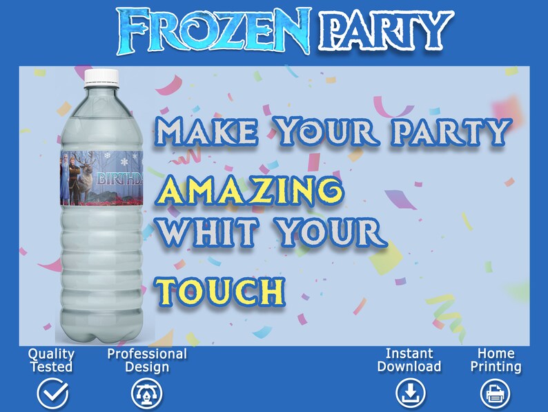 Puede incluir: Etiqueta de botella de agua imprimible para una fiesta de Frozen. La etiqueta presenta un fondo azul con im&aacute;genes de Elsa y Olaf de la pel&iacute;cula Frozen. El texto en la etiqueta dice "Cumplea&ntilde;os".