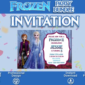 K&ouml;nnte beinhalten: Einladung zu einer Frozen II Party mit Elsa und Anna aus dem Film. Die Einladung ist rosa und lila mit einem wei&szlig;en Rand und dem Text "Bitte nehmen Sie an einer Frozen II Feier teil Jessie wird 5 Jahre alt Freitag, 15. April 15:00 bis 17:00 Uhr Eisschloss Arendelle RSVP: 999 999 9999".