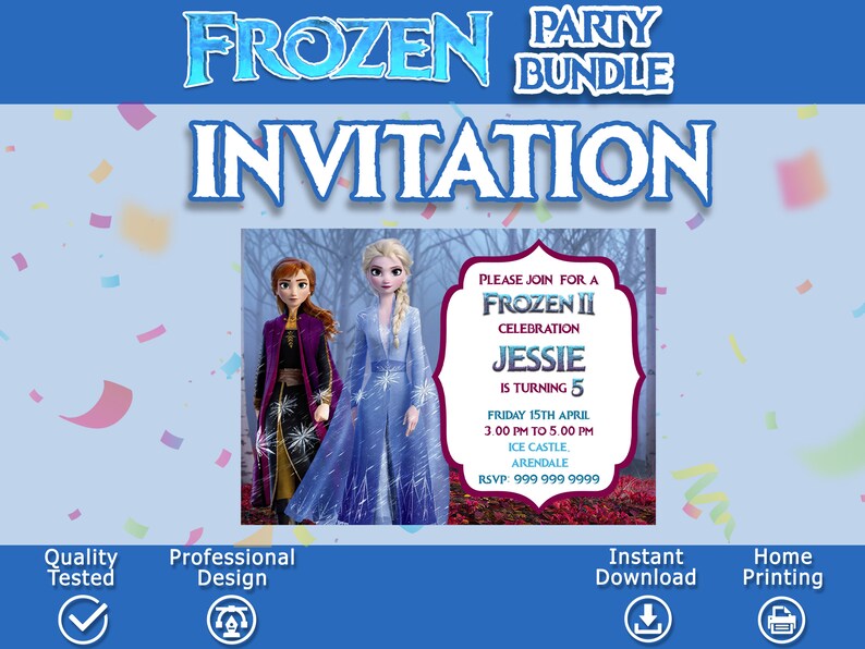 K&ouml;nnte beinhalten: Einladung zu einer Frozen II Party mit Elsa und Anna aus dem Film. Die Einladung ist rosa und lila mit einem wei&szlig;en Rand und dem Text "Bitte nehmen Sie an einer Frozen II Feier teil Jessie wird 5 Jahre alt Freitag, 15. April 15:00 bis 17:00 Uhr Eisschloss Arendelle RSVP: 999 999 9999".