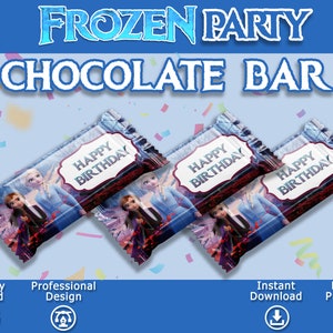 Puede incluir: Tres envoltorios de barritas de chocolate con temática de Frozen con el texto "Feliz cumpleaños" en cada uno. Los envoltorios presentan imágenes de Elsa y Anna de la película Frozen.