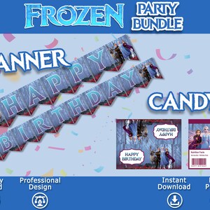 K&ouml;nnte beinhalten: Frozen Party-Paket mit einem Banner, auf dem "Happy Birthday" steht, und S&uuml;&szlig;igkeitenverpackungen im Frozen-Design. Die S&uuml;&szlig;igkeitenverpackungen haben den Text "Happy Birthday" und "Addy's Birthday".