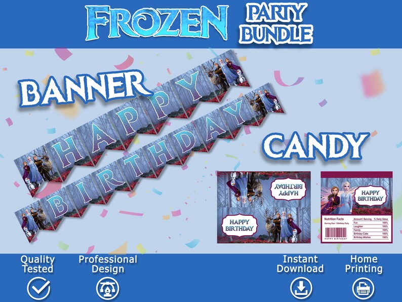 K&ouml;nnte beinhalten: Frozen Party-Paket mit einem Banner, auf dem "Happy Birthday" steht, und S&uuml;&szlig;igkeitenverpackungen im Frozen-Design. Die S&uuml;&szlig;igkeitenverpackungen haben den Text "Happy Birthday" und "Addy's Birthday".