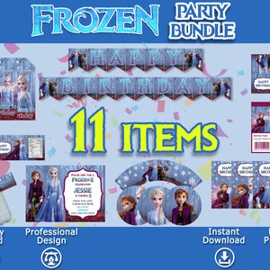 K&ouml;nnte beinhalten: Frozen-Party-Paket mit 11 Artikeln, darunter ein Banner, Einladungen, Wasserflaschenetiketten und Cupcake-Topper. Das Design zeigt die Figuren aus dem Film Frozen, darunter Elsa, Anna und Olaf. Der Text auf dem Banner lautet "Happy Birthday".