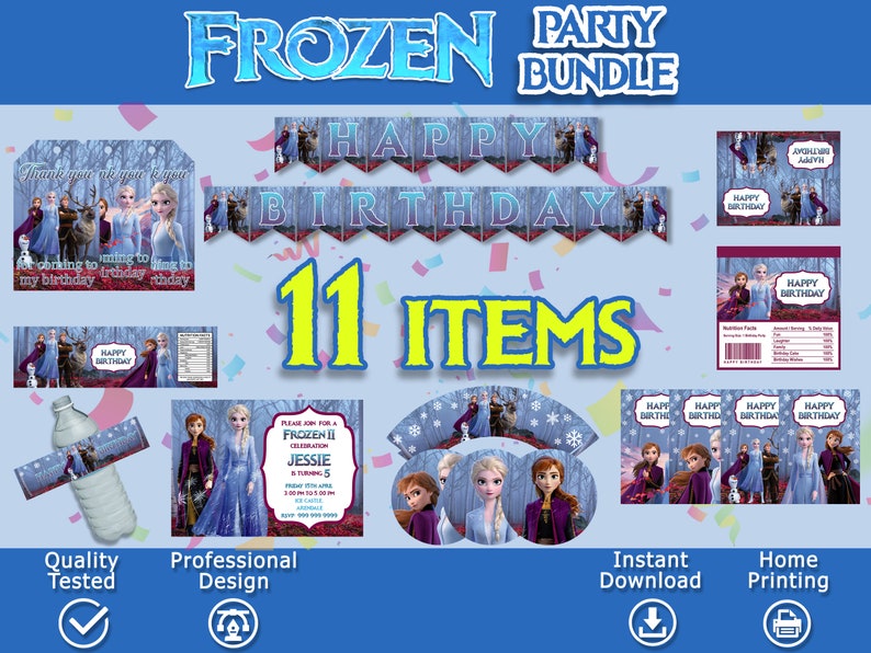 K&ouml;nnte beinhalten: Frozen-Party-Paket mit 11 Artikeln, darunter ein Banner, Einladungen, Wasserflaschenetiketten und Cupcake-Topper. Das Design zeigt die Figuren aus dem Film Frozen, darunter Elsa, Anna und Olaf. Der Text auf dem Banner lautet "Happy Birthday".