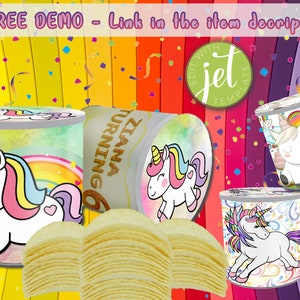 May include: Four colorful unicorn-themed party favor cans with a stack of potato chips in the center. The cans have different designs featuring unicorns, rainbows, and the text "Ziana Turning 6".