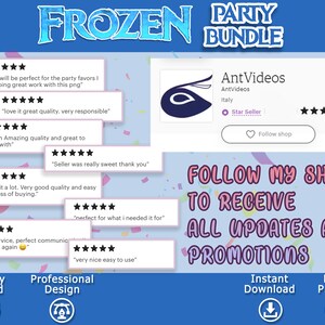 K&ouml;nnte beinhalten: Eine digitale Illustration eines Frozen-Partypakets mit blauem Hintergrund und Konfetti. Der Text "Frozen Party Bundle" ist in blau-wei&szlig;er Schrift gehalten. Das Bild enth&auml;lt auch Kundenbewertungen und Informationen &uuml;ber den Verk&auml;ufer AntVideos, der ein Star-Seller auf Etsy ist. Der Text "Follow My Shop To Receive All Updates And Promotions" ist in rosa und wei&szlig;er Schrift gehalten. Das Bild enth&auml;lt auch Symbole f&uuml;r den sofortigen Download und den Ausdruck zu Hause.