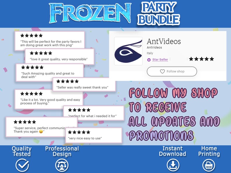 K&ouml;nnte beinhalten: Eine digitale Illustration eines Frozen-Partypakets mit blauem Hintergrund und Konfetti. Der Text "Frozen Party Bundle" ist in blau-wei&szlig;er Schrift gehalten. Das Bild enth&auml;lt auch Kundenbewertungen und Informationen &uuml;ber den Verk&auml;ufer AntVideos, der ein Star-Seller auf Etsy ist. Der Text "Follow My Shop To Receive All Updates And Promotions" ist in rosa und wei&szlig;er Schrift gehalten. Das Bild enth&auml;lt auch Symbole f&uuml;r den sofortigen Download und den Ausdruck zu Hause.
