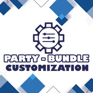 May include: A blue gear icon with three horizontal lines inside, representing customization options. The text "PARTY - BUNDLE CUSTOMIZATION" is below the icon.