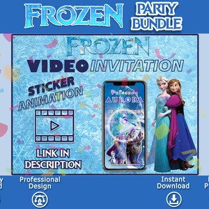 K&ouml;nnte beinhalten: Ein Frozen-Partypaket mit einer Videoeinladung mit einer Stickeranimation von Elsa und Anna. Die Einladung ist mit einem Namen und Alter personalisierbar. Der Text "Palace Aurora wird 6" ist auf dem Telefonbildschirm sichtbar. Das Paket beinhaltet Optionen f&uuml;r sofortigen Download und Heimdruck.