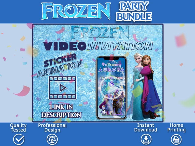 K&ouml;nnte beinhalten: Ein Frozen-Partypaket mit einer Videoeinladung mit einer Stickeranimation von Elsa und Anna. Die Einladung ist mit einem Namen und Alter personalisierbar. Der Text "Palace Aurora wird 6" ist auf dem Telefonbildschirm sichtbar. Das Paket beinhaltet Optionen f&uuml;r sofortigen Download und Heimdruck.