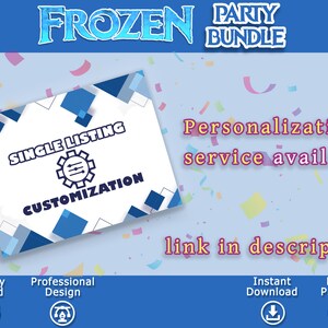 K&ouml;nnte beinhalten: Eine blaue und wei&szlig;e Grafik mit dem Text "FROZEN PARTY BUNDLE" oben. Der Text "SINGLE LISTING CUSTOMIZATION" befindet sich in einem blauen und wei&szlig;en Kasten mit einem Zahnrad-Symbol. Der Text "Personalisierungsservice verf&uuml;gbar Link in der Beschreibung" befindet sich unterhalb des Kastens. Der Text "Qualit&auml;tsgepr&uuml;ft", "Professionelles Design", "Sofortiger Download" und "Heimdruck" befindet sich unten in der Grafik mit Symbolen neben jedem.