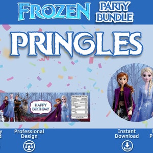 K&ouml;nnte beinhalten: Druckbare Frozen-Party-Geschenkanh&auml;nger f&uuml;r Pringles-Dosen. Die Etiketten zeigen Bilder von Elsa und Anna aus dem Disney-Film Frozen, sowie den Text "Happy Birthday".