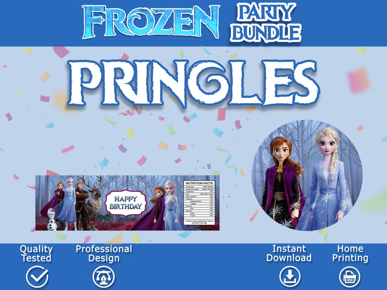 K&ouml;nnte beinhalten: Druckbare Frozen-Party-Geschenkanh&auml;nger f&uuml;r Pringles-Dosen. Die Etiketten zeigen Bilder von Elsa und Anna aus dem Disney-Film Frozen, sowie den Text "Happy Birthday".