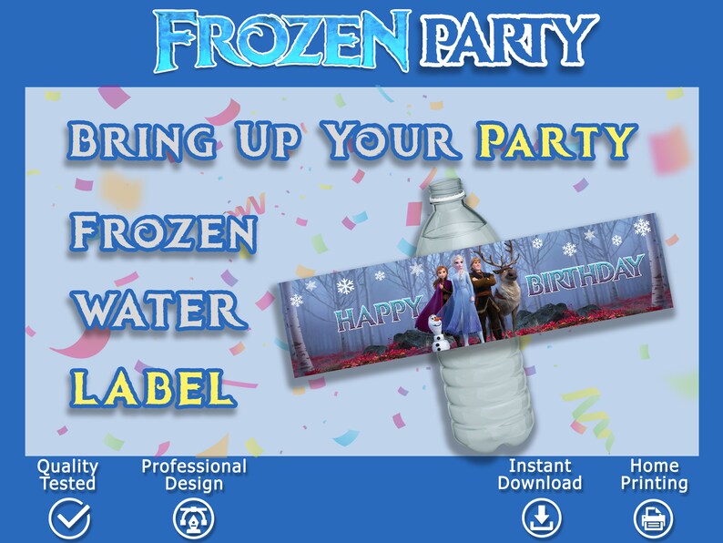 Puede incluir: Etiqueta de botella de agua imprimible con tem&aacute;tica de Frozen. La etiqueta presenta a Elsa, Anna, Olaf y Kristoff de la pel&iacute;cula Frozen. La etiqueta dice "Feliz cumplea&ntilde;os".