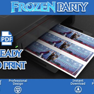 Puede incluir: Dise&ntilde;o de pancarta de fiesta de Frozen para imprimir con Elsa, Anna y Olaf. La pancarta est&aacute; lista para imprimir e incluye el texto "Feliz Cumplea&ntilde;os".