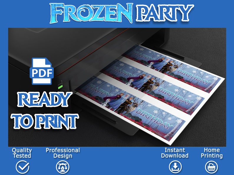 Puede incluir: Dise&ntilde;o de pancarta de fiesta de Frozen para imprimir con Elsa, Anna y Olaf. La pancarta est&aacute; lista para imprimir e incluye el texto "Feliz Cumplea&ntilde;os".