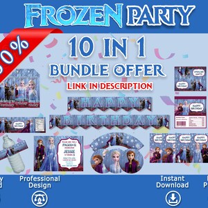 Puede incluir: Un paquete de imprimibles para una fiesta de Frozen con 10 art&iacute;culos, incluyendo una pancarta, adornos para cupcakes, etiquetas para botellas de agua e invitaciones. El paquete presenta im&aacute;genes de Elsa, Anna y Olaf de la pel&iacute;cula de Disney Frozen II. El texto "Frozen Party" y "10 in 1 Bundle Offer" se muestra en la imagen.