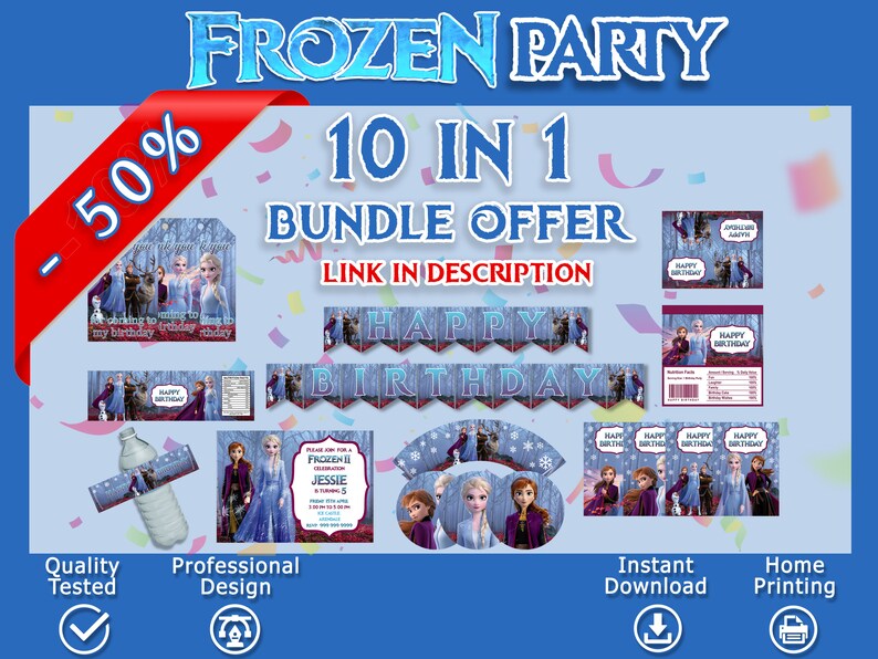 Puede incluir: Un paquete de imprimibles para una fiesta de Frozen con 10 art&iacute;culos, incluyendo una pancarta, adornos para cupcakes, etiquetas para botellas de agua e invitaciones. El paquete presenta im&aacute;genes de Elsa, Anna y Olaf de la pel&iacute;cula de Disney Frozen II. El texto "Frozen Party" y "10 in 1 Bundle Offer" se muestra en la imagen.