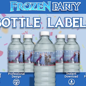 Puede incluir: Etiquetas de botellas imprimibles para una fiesta de Frozen con im&aacute;genes de Elsa, Anna, Olaf y Kristoff de la pel&iacute;cula de Disney Frozen. Las etiquetas est&aacute;n dise&ntilde;adas para adaptarse a botellas de agua est&aacute;ndar.
