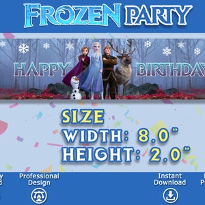 Puede incluir: Banner de Frozen Party con Elsa, Anna, Olaf y Kristoff de la pel&iacute;cula de Disney Frozen. El banner es azul y morado con copos de nieve y el texto "Feliz Cumplea&ntilde;os". El banner tiene 8 pulgadas de ancho y 2 pulgadas de alto.
