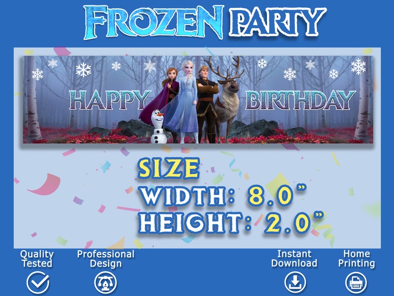 Puede incluir: Banner de Frozen Party con Elsa, Anna, Olaf y Kristoff de la pel&iacute;cula de Disney Frozen. El banner es azul y morado con copos de nieve y el texto "Feliz Cumplea&ntilde;os". El banner tiene 8 pulgadas de ancho y 2 pulgadas de alto.
