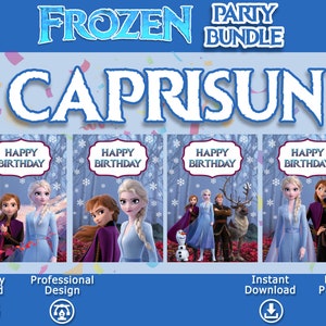 K&ouml;nnte beinhalten: Vier bedruckbare Capri Sun-Etiketten zum Thema Frozen mit den Figuren Elsa, Anna, Kristoff und Olaf. Jedes Etikett tr&auml;gt den Schriftzug "Happy Birthday" in einem violetten Banner. Die Etiketten sind f&uuml;r den Heimdruck konzipiert.