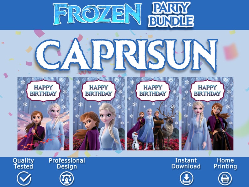 K&ouml;nnte beinhalten: Vier bedruckbare Capri Sun-Etiketten zum Thema Frozen mit den Figuren Elsa, Anna, Kristoff und Olaf. Jedes Etikett tr&auml;gt den Schriftzug "Happy Birthday" in einem violetten Banner. Die Etiketten sind f&uuml;r den Heimdruck konzipiert.