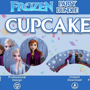 K&ouml;nnte beinhalten: Frozen Party Bundle Cupcake Wrapper zum Ausdrucken, digitaler Download.  Enth&auml;lt Cupcake Wrapper mit Bildern von Elsa, Anna, Olaf, Kristoff und Sven in einer verschneiten Waldlandschaft.  Qualit&auml;tsgepr&uuml;ft und professionell gestaltet.